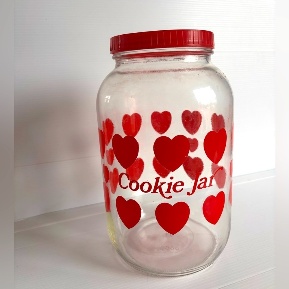 Vintage 80s Glass Cookie Jar with Red Hearts